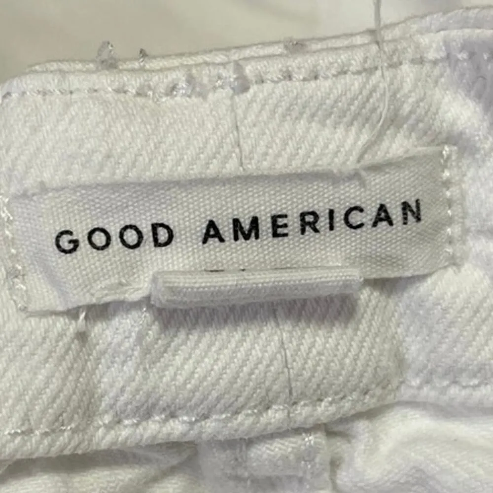 Good American Icon White Denim Mid Rise Crop Raw Hem Bermuda Jeans Shorts Sz 25 - Image 4