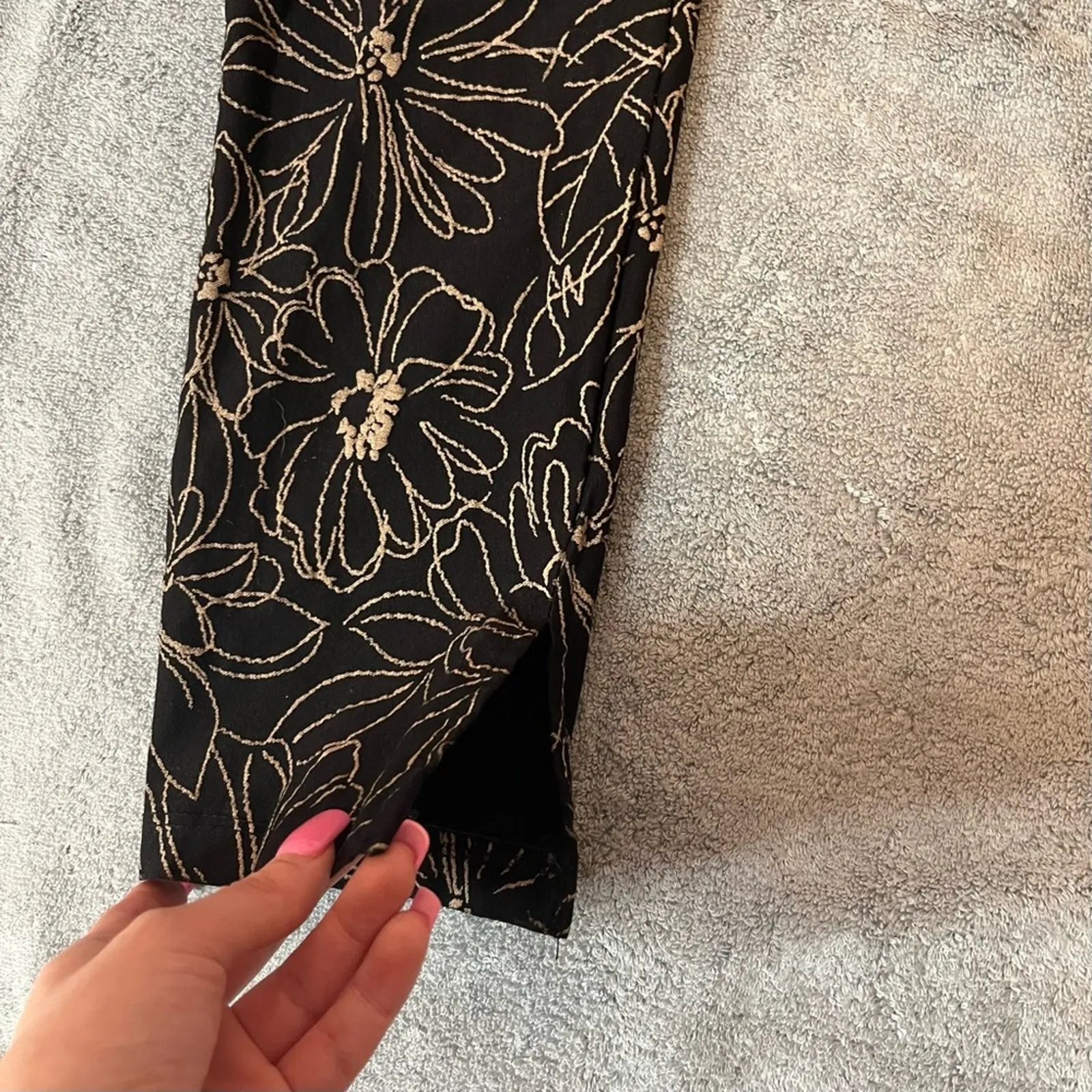 Agenda Petite Black Tan Floral Slim Fit Work Pants Ankle Slit Pants Size Small - Image 6