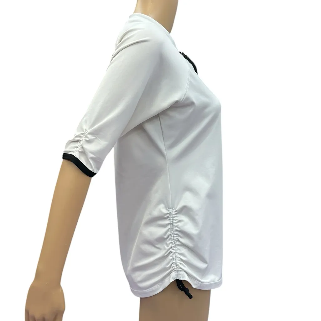 Jag Zip Up Front Half Sleeve Ruched Crew Neck Top White Black Womens Medium - Image 6