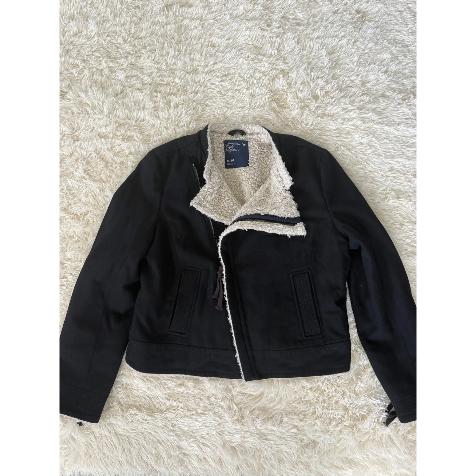 American‎ Eagle Outfitters Black Wool Sherpa Lined Moto Jacket XL - Image 6