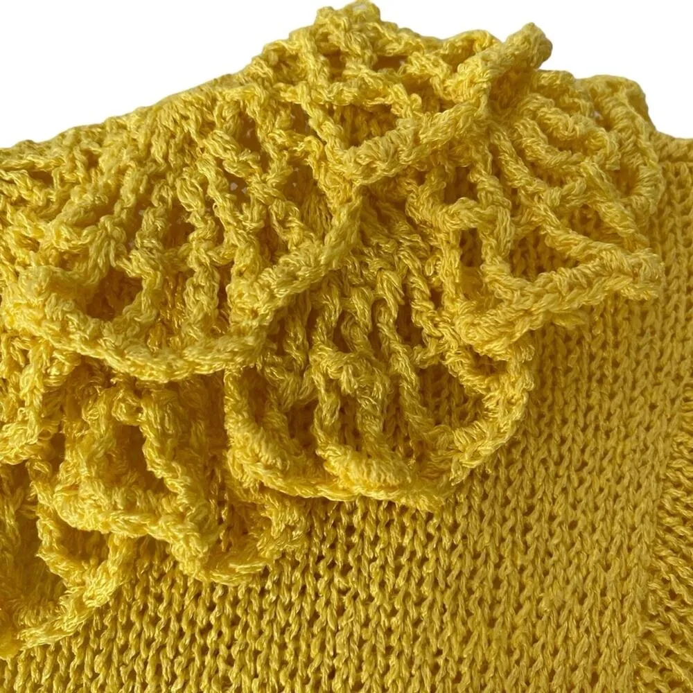 Saks Fifth Avenue Vintage Yellow Knit Crochet Disco 70s Maxi Dress Belted Small - Image 7