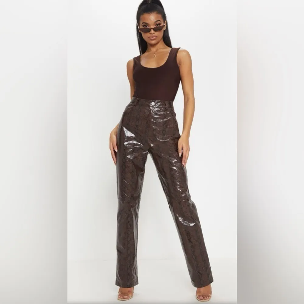 PrettyLittleThing Brown Faux Leather Snakeskin Straight Leg Pants 4 - Image 4