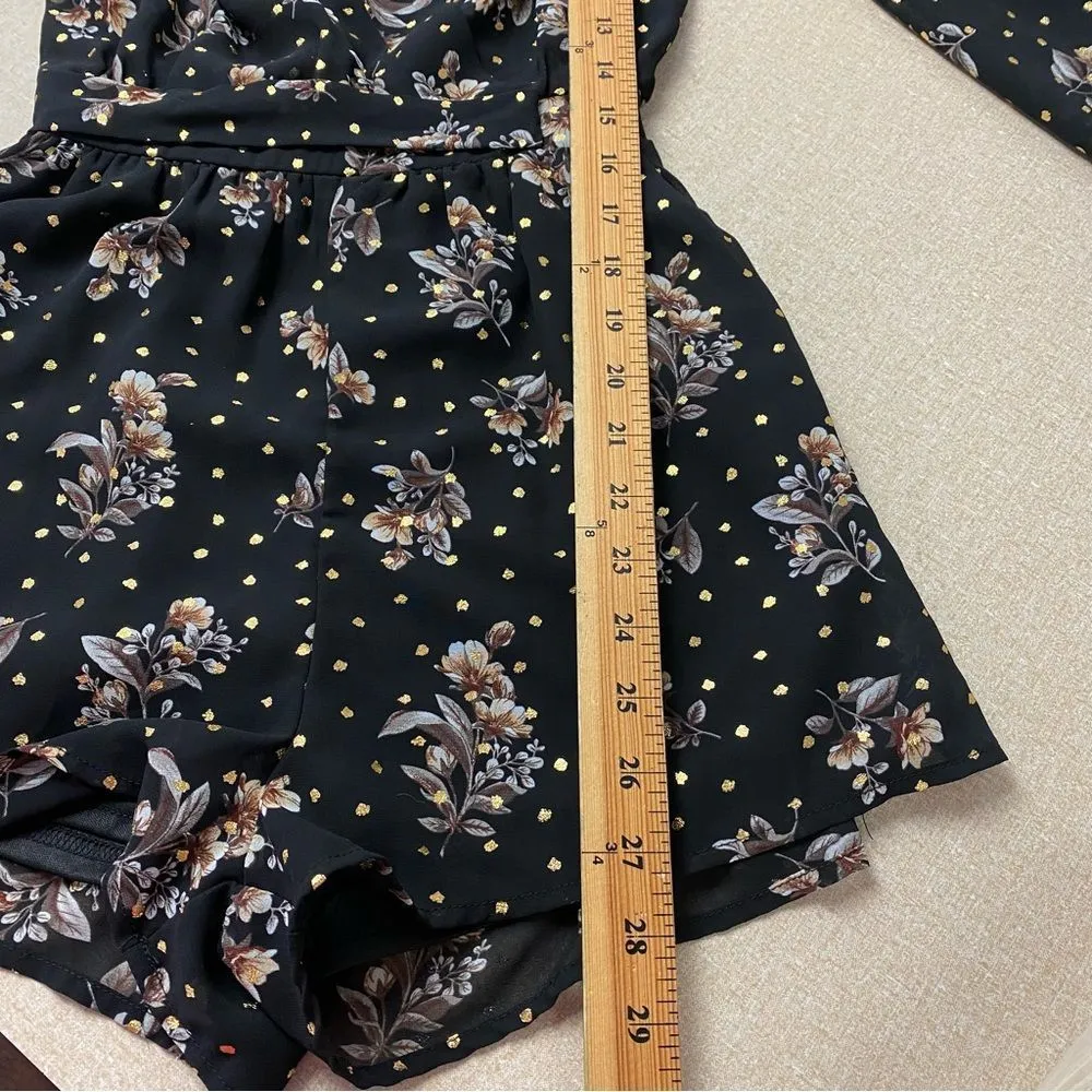 Lulus XS Midnight Voyage Golden Dot Floral Black Print Romper Belt - Image 10