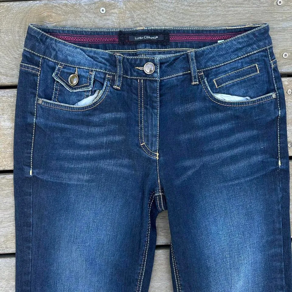Dark Blue Y2K Luisa Cerano Jeans Straight Leg Mid Rise Dark Wash w Pocket Detail Size 8 - Image 2