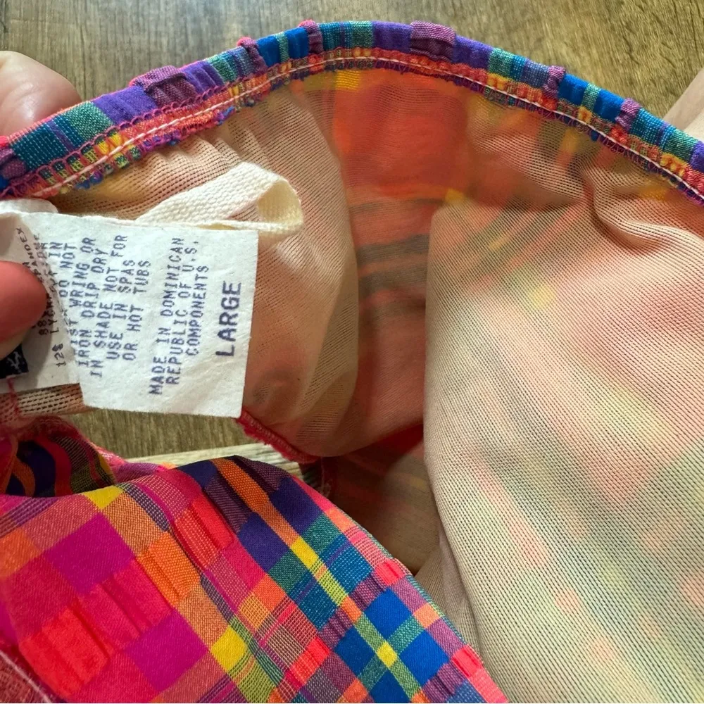 Vtg Matari Swim Bikini Bottoms Sz Large Abstract Picnic Plaid Rainbow Pink - Image 11