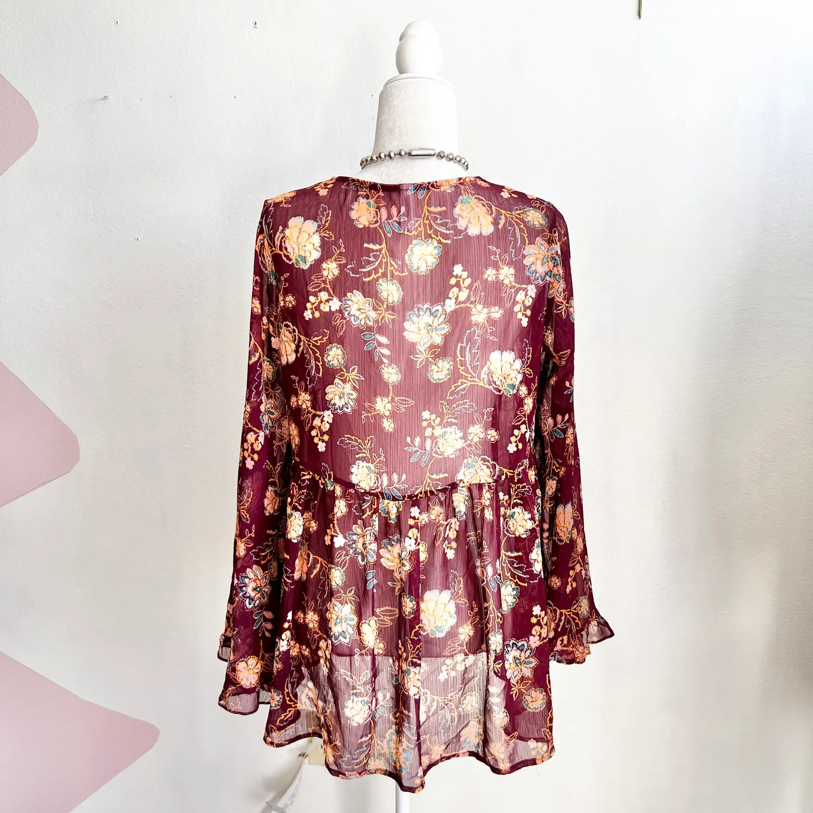 Floral Sheer Peasant Top Boho‎ Romantic Fairy Grunge Cottagecore Fairycore Large - Image 2
