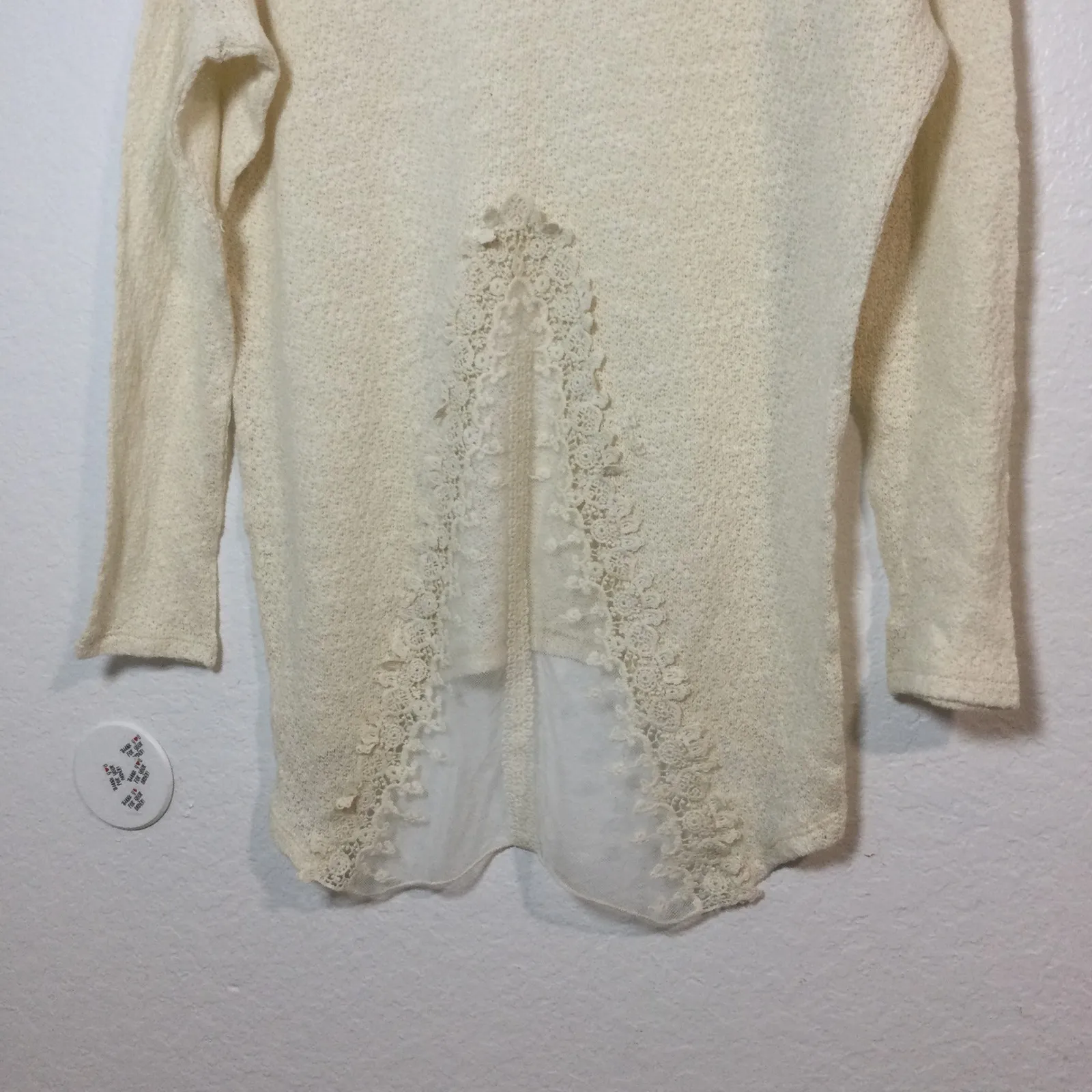 Promesa Cream Knit Sweater Lace Trim Hi-Low Hem VNeck LongSleeve Top sizeL (293) - Image 5