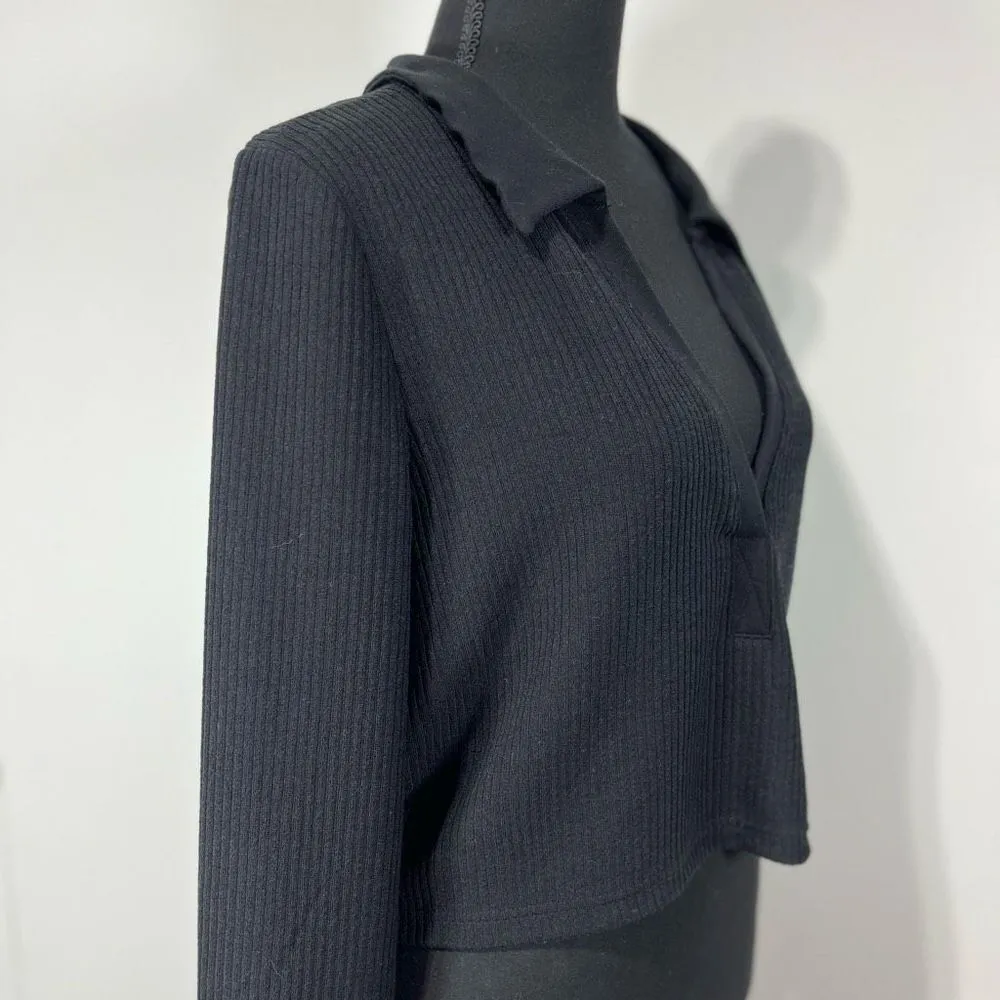 New H&M Divided Long Sleeve Ribbed Collared Cropped Top Sz XL Black - Image 2