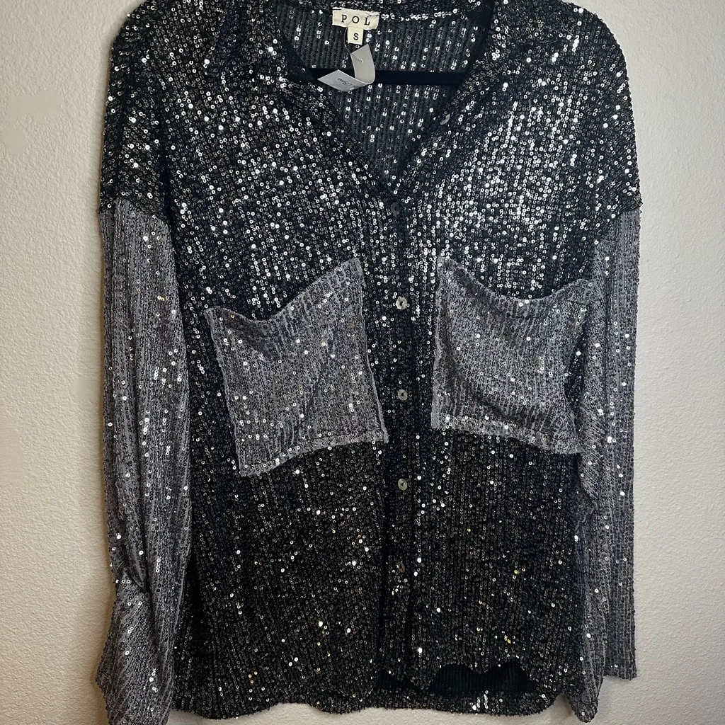POL Shimmering Sequin Top - Silver and Black - Image 2
