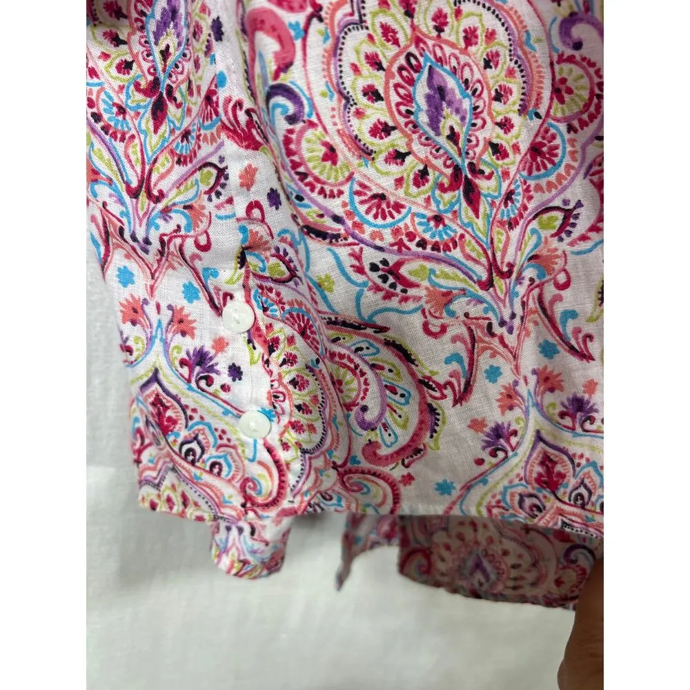 Chicos Button Up 3 XL Pink Paisley 100% Linen Long Line 3/4 Sleeve - Image 3