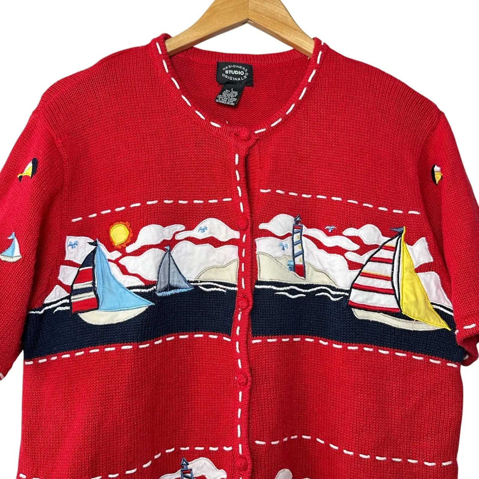 Vintage Nautical‎ Sailboat Sweater L Red Ramie Cotton Coastal Grandma Cardigan Size L - Image 4