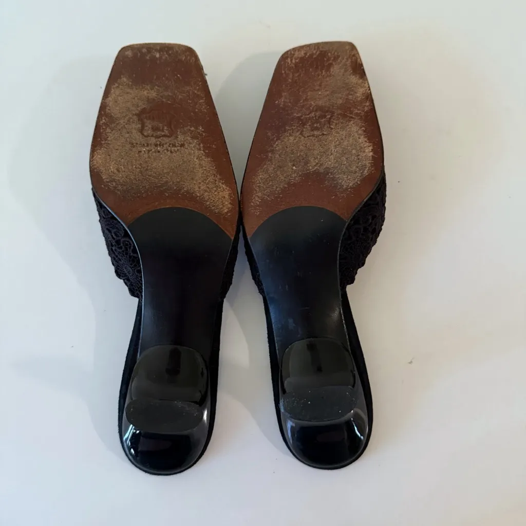 Stuart Weitzman Vintage Black  Lace Slides Mules Block Heels  SZ 10 B - Image 7