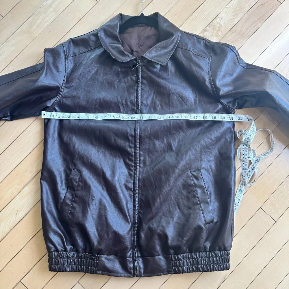 Oversized Faux Leather Bomber Jacket Coat Slant Pockets Chocolate Brown Medium - Image 9