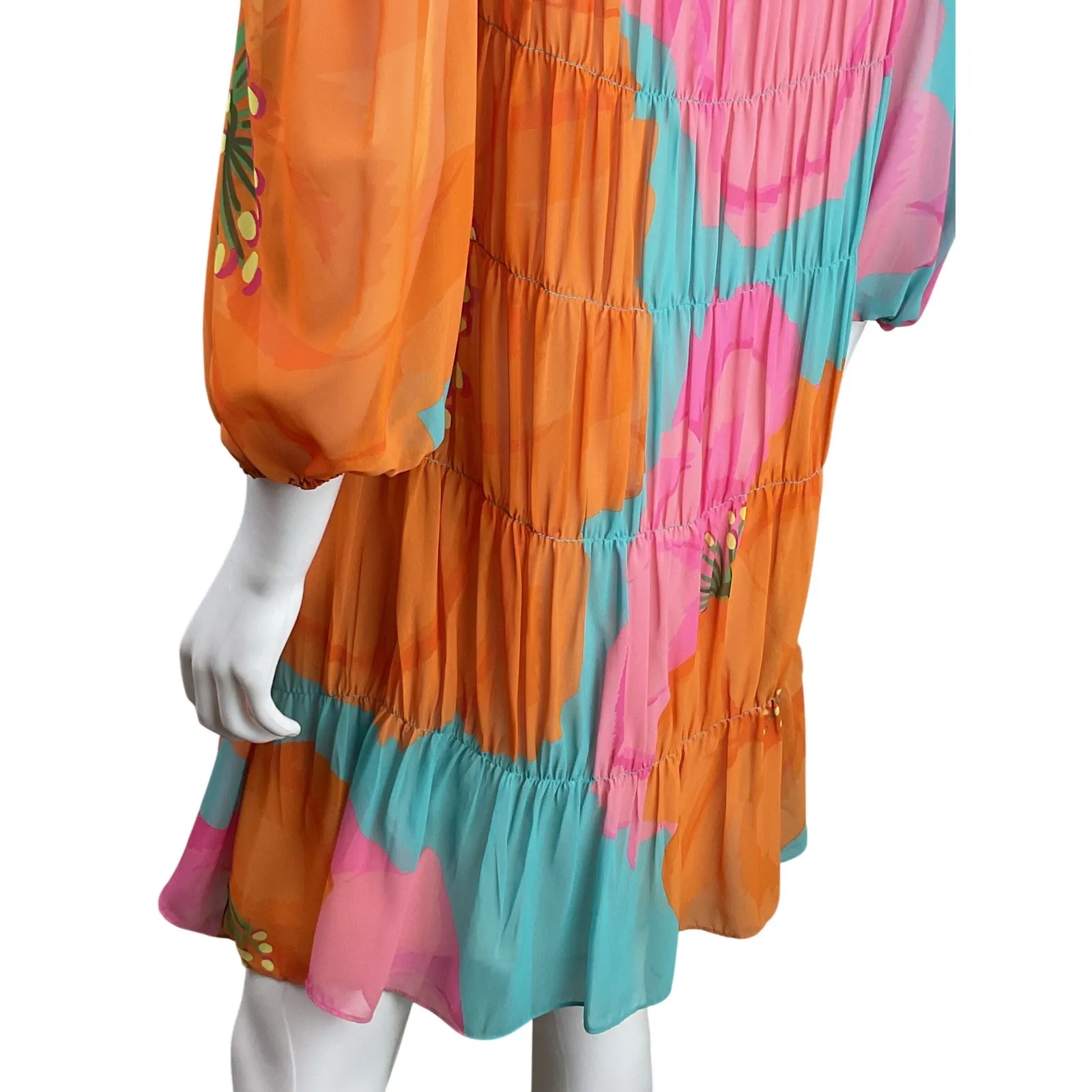 Trina Turk Floral Tiered Midi Dress Orange Blue Pink Ruffle Sleeve Size S - Image 7