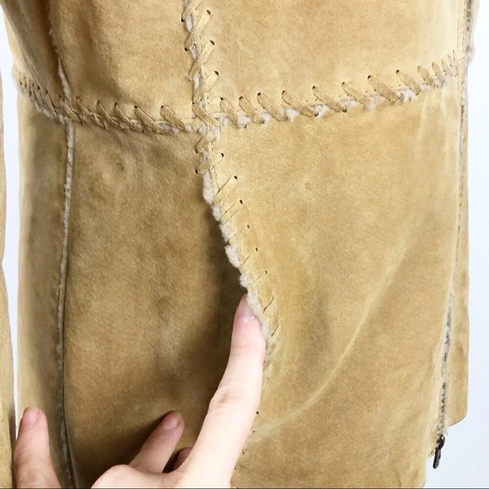 VTG Guess Shearling 100% Leather Patchwork Tan Full zip Jacket Size Small - Image 10