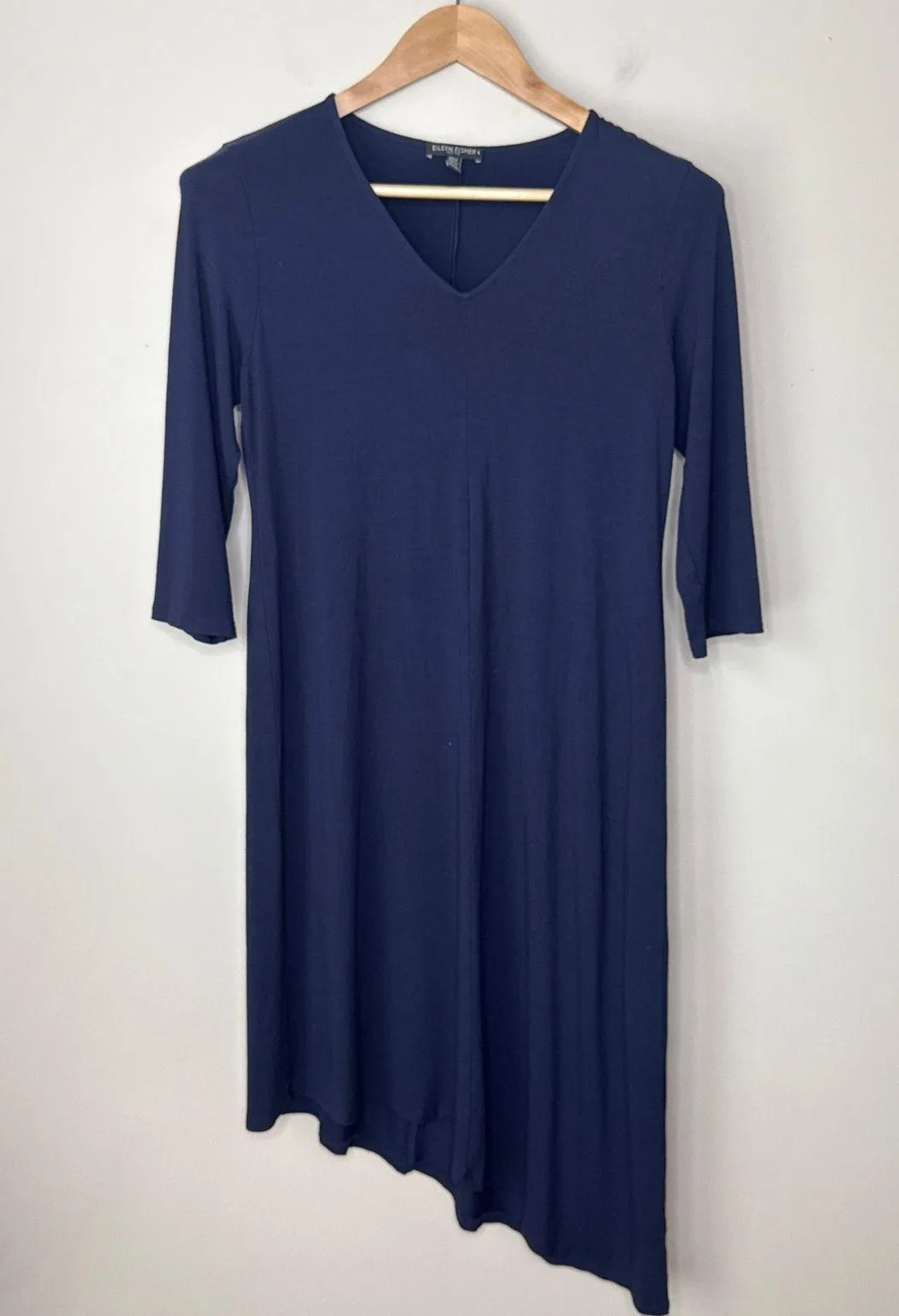 Eileen Fisher Petite Medium Navy Jersey Dress V Neck 3/4 Sleeve Asymmetrical Hem - Image 2