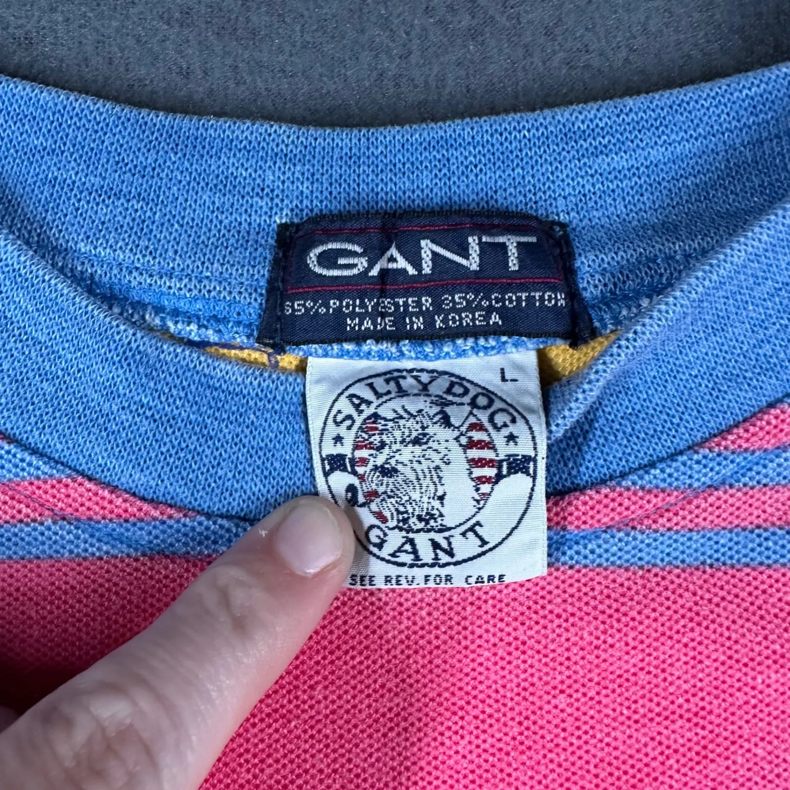 Vintage‎ Salty Dog Striped Polo Shirt Large GANT Striped Cotton Blend Retro SS Blue - Image 3