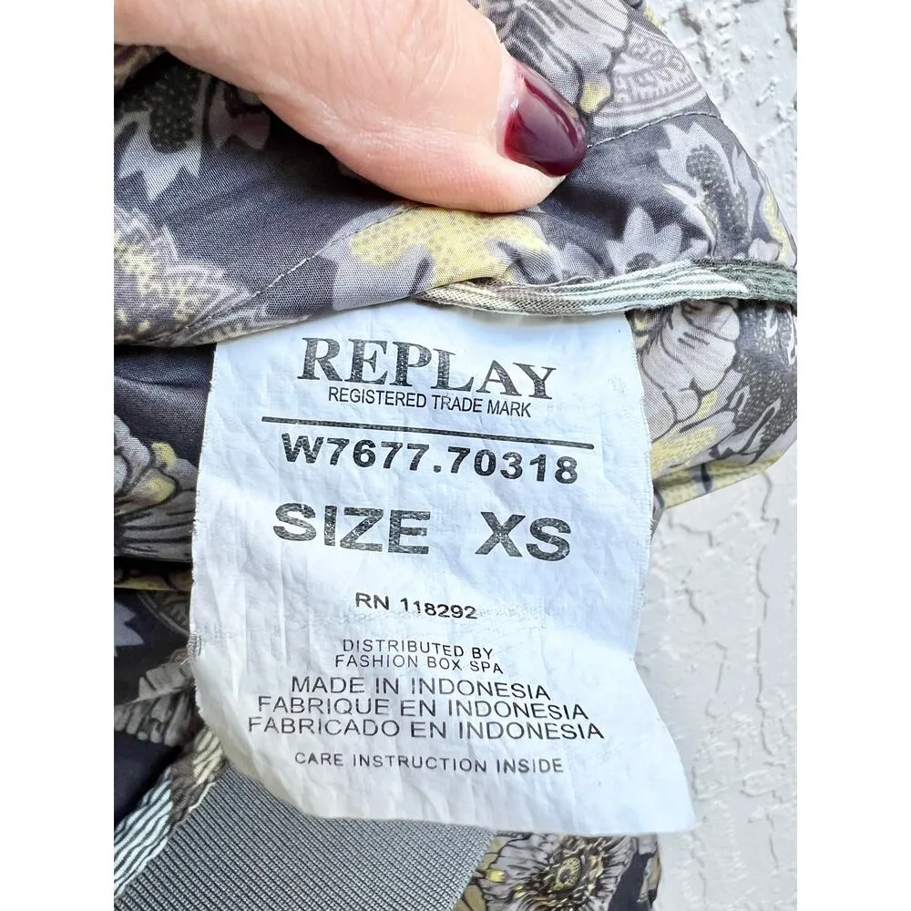Replay Floral Print Paisley High Neck Zip Up Bomber Jacket Gray Women's Size XS - Image 6