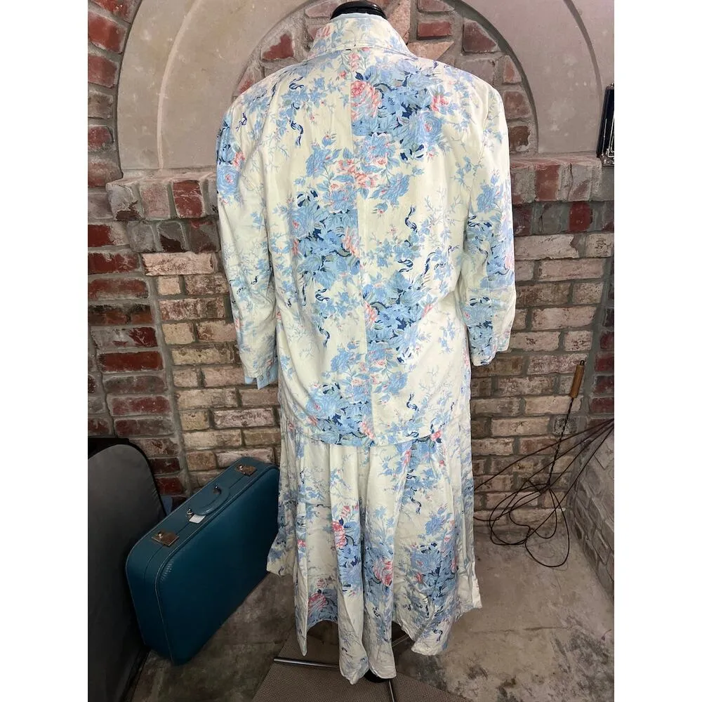 suit skirt blazer button front top swing skirt floral blue pink white Size 12 - Image 15