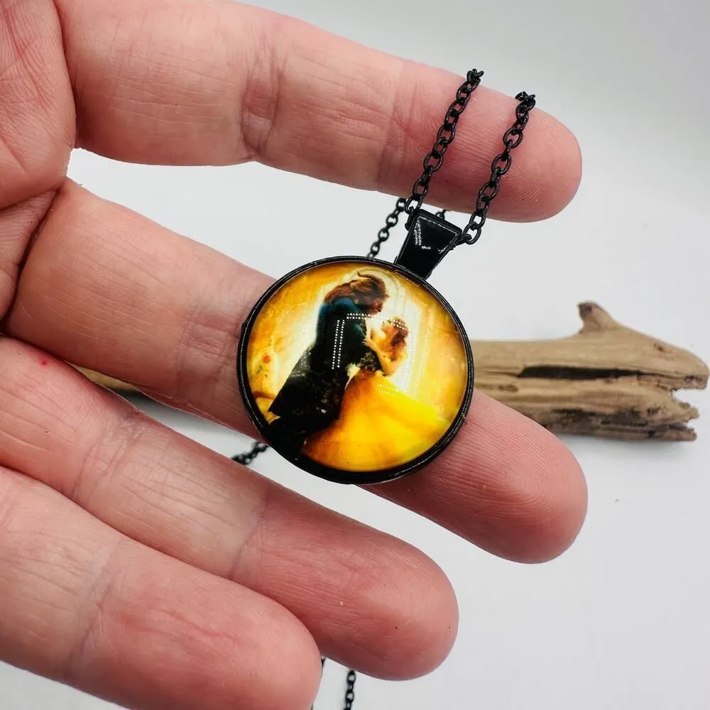 Princess Belle Beauty Beast Rose Art Silver Pendant Chain Necklace - Image 3