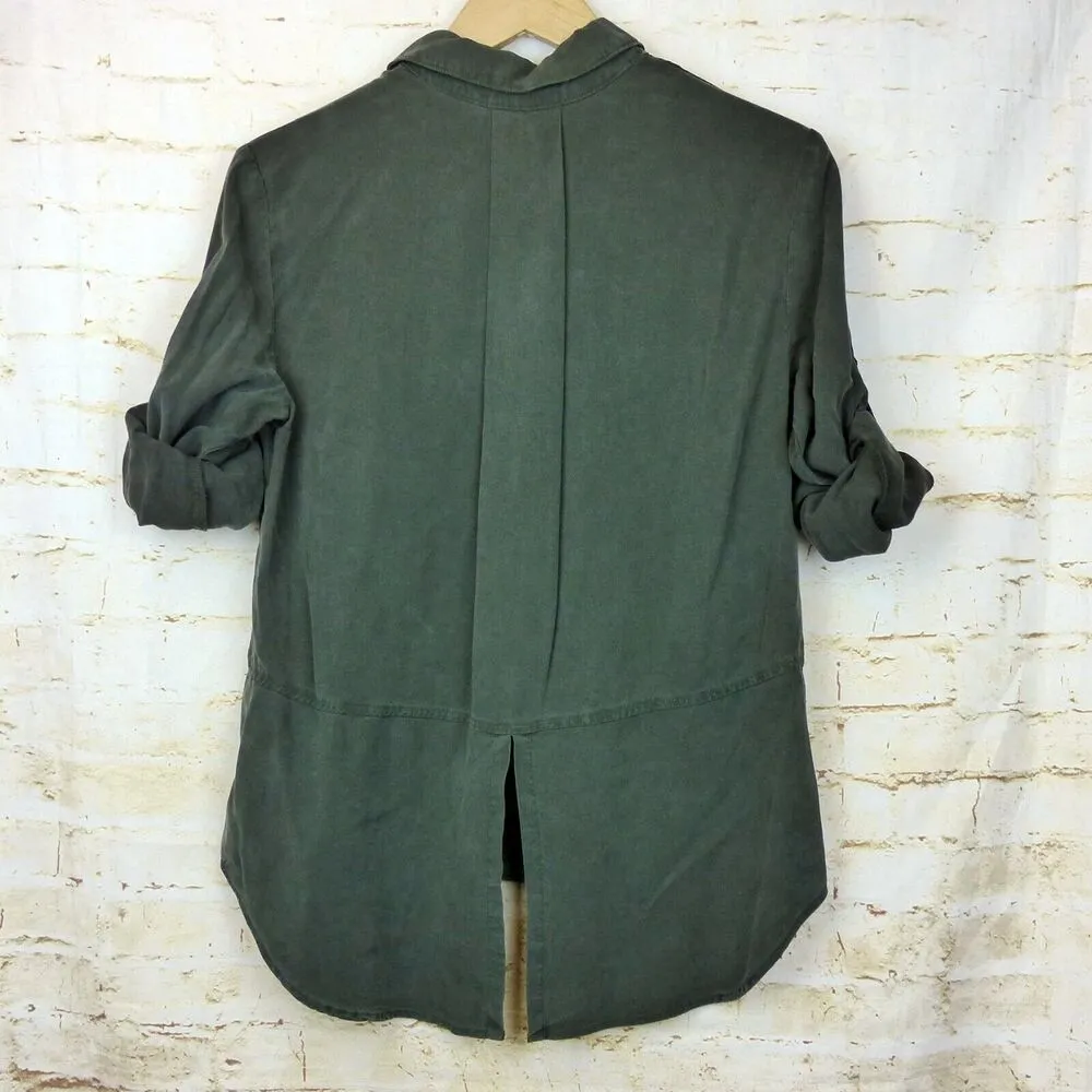 Bella Dahl Shirt Womens S Green Split Back Button Tencel Roll Up Sleeve Utility - Image 3