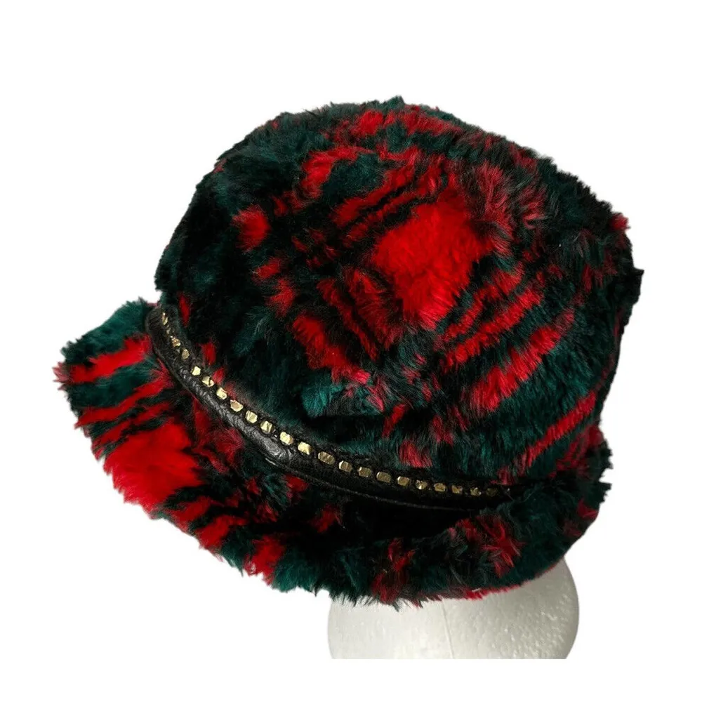 Vintage Red Green Black Tartan Plaid Faux Fur Fedora Hat Size M 1960s 1970s - Image 3