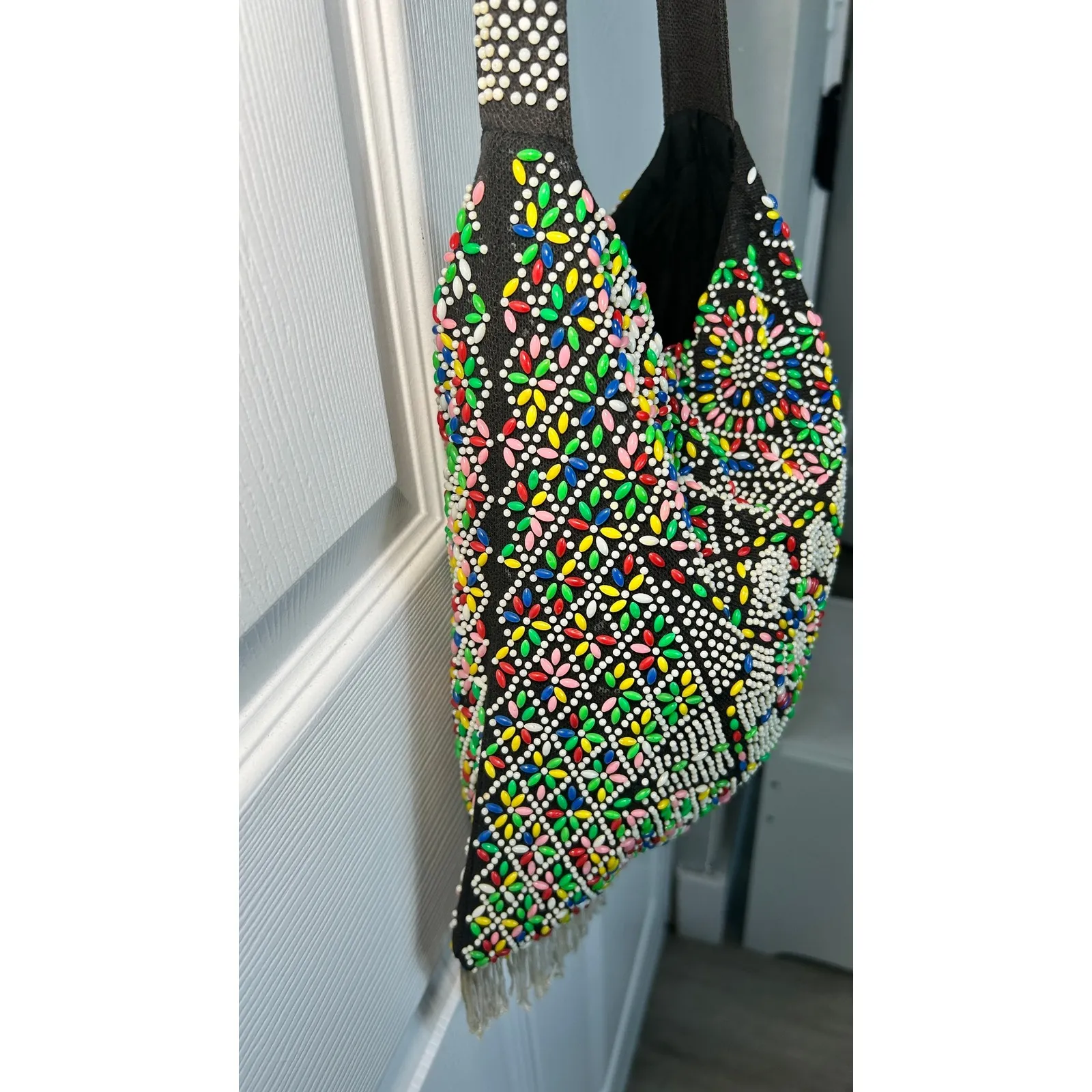 Vintage Boho Beaded Shoulder Bag Multi Color Flower 70's Fringe Festival Bag Black - Image 7