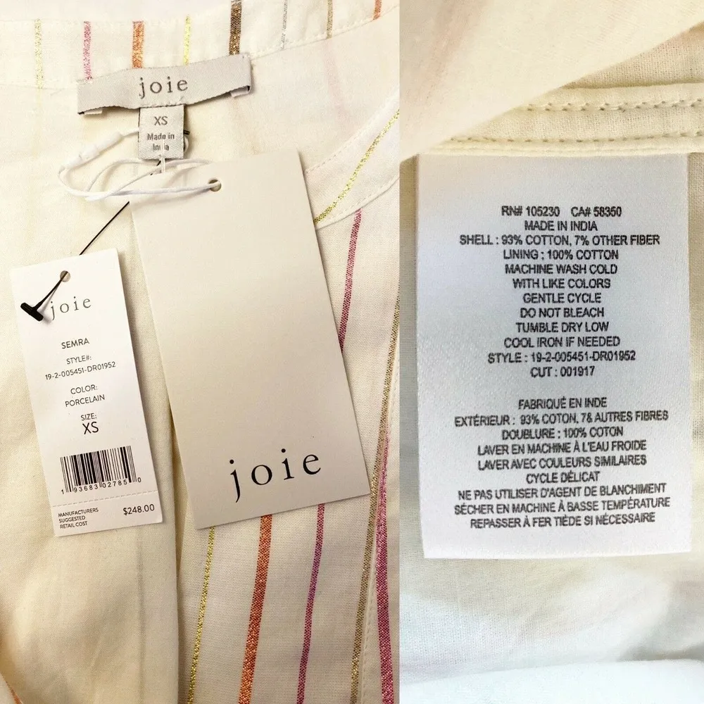 JOIE Shift Shirt Dress Semra Ivory Shimmery Stripes Porcelain Cotton Belted XS - Image 11