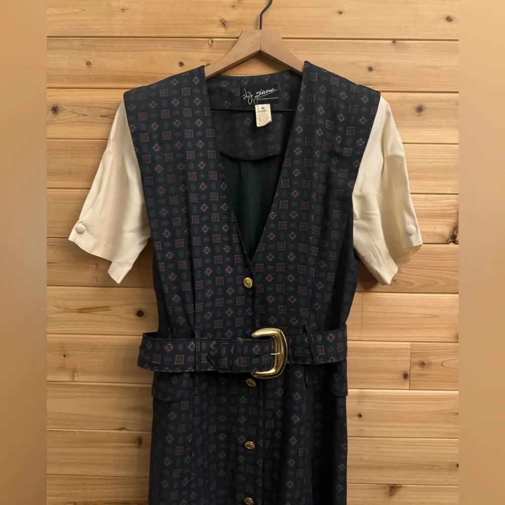 Vintage RJ Steven’s Sz Medium Button Front Belted Secretary School Teacher Dress Green - Image 2