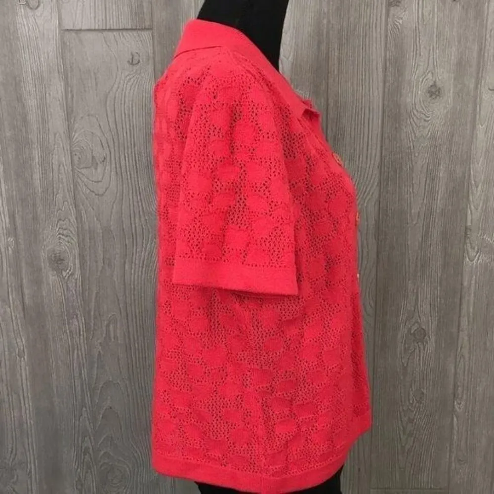 vintage St. John coral short sleeve cardigan shirt knit crochet pattern pink - Image 5