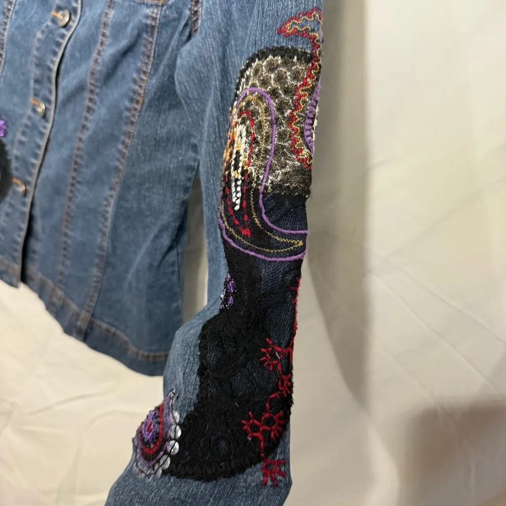 Ruby Rd. Blue Embroidered Embellished Paisley Jean Jacket Size 6 - Image 7