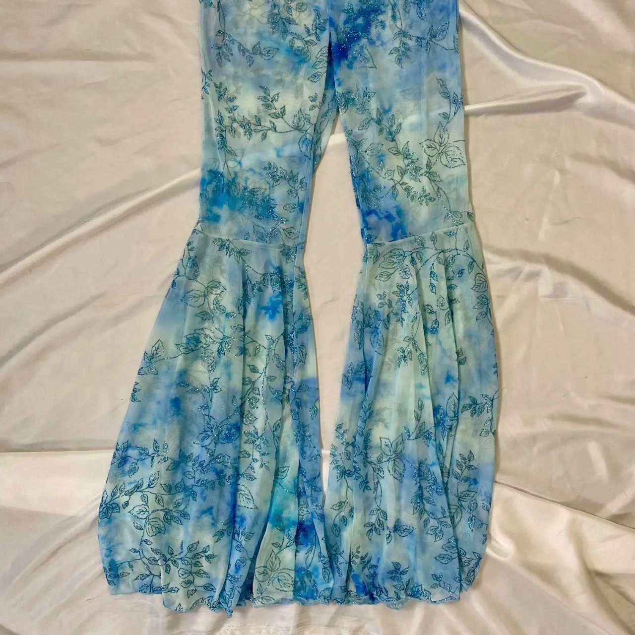 Early 2000's Teal Blue Sheer Glitter High Waisted Bell Bottom Mesh Pants XS / S - Image 5