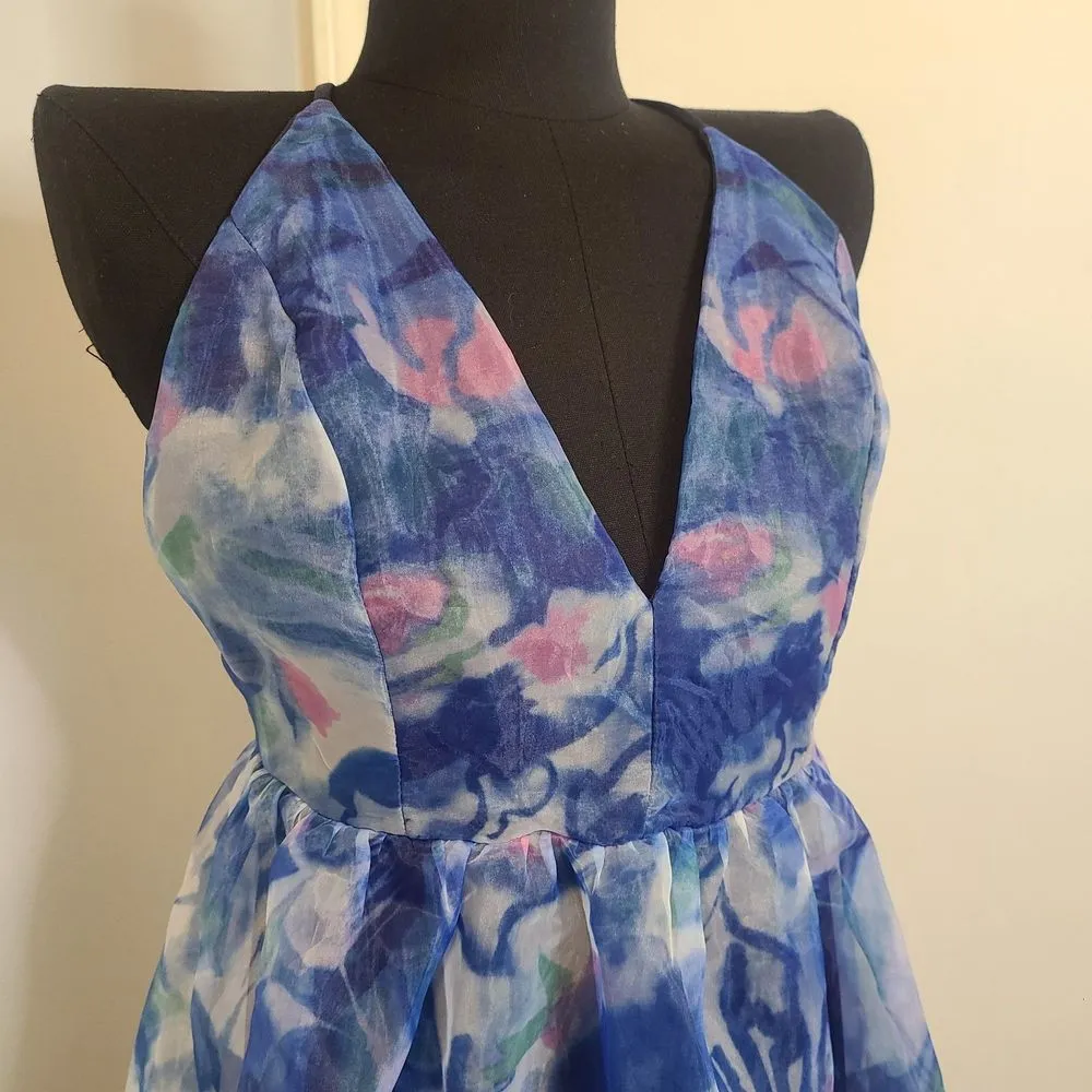 LULU'S Bloom Wildly Maxi Dress Navy Blue Floral Organza Sleeveless Size Small - Image 5