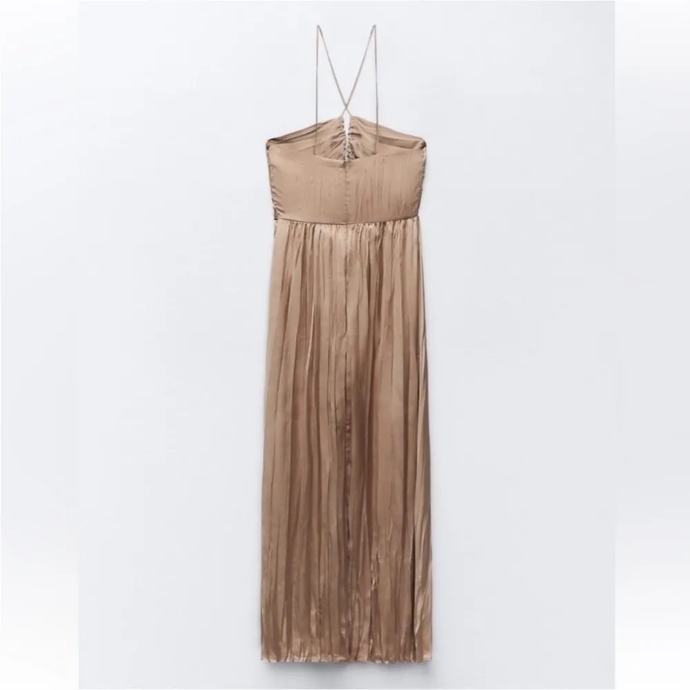 Zara pleated satin cutout halter neck pleated satin midi dress - Image 3