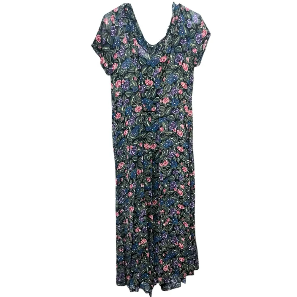 Vintage Eileen West Floral 100% Rayon Sheer Button Down Dress Medium Best Blue - Image 4