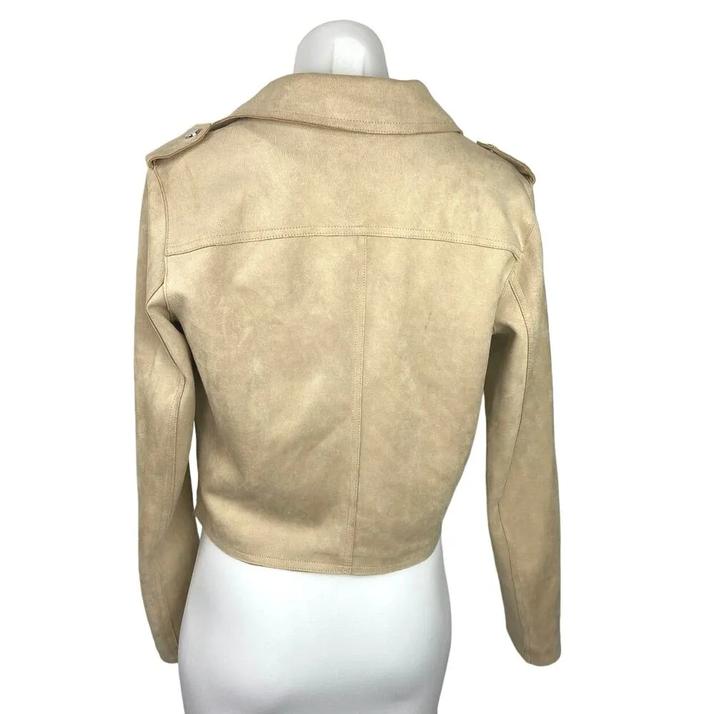 Anthropologie Beige Faux Suede Leather Open Front Zip Pockets Moto Jacket Sz S - Image 3