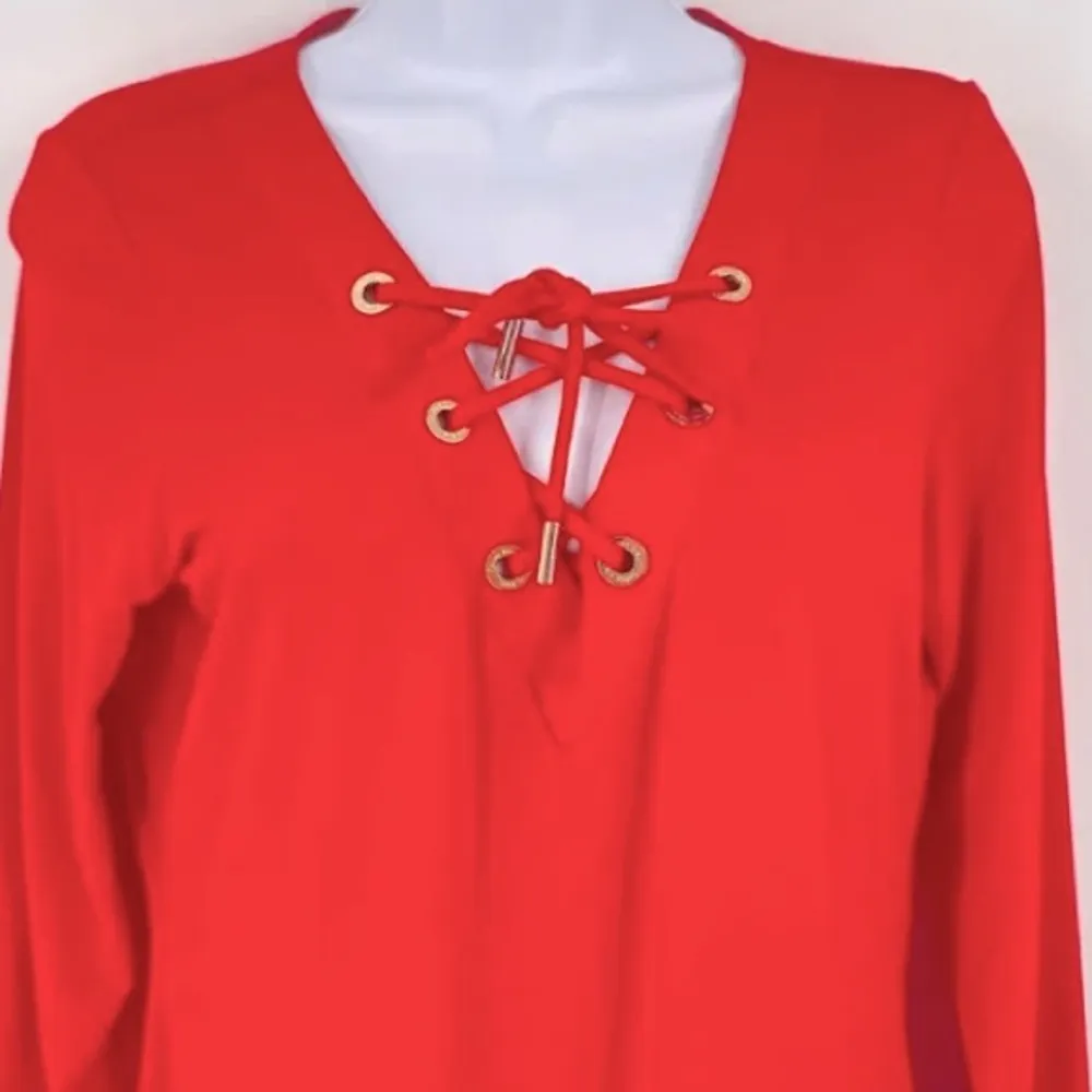 Calvin Klein | Cherry Red Long Sleeve Lace Up Cocktail Dress Size 10 Medium - Image 5