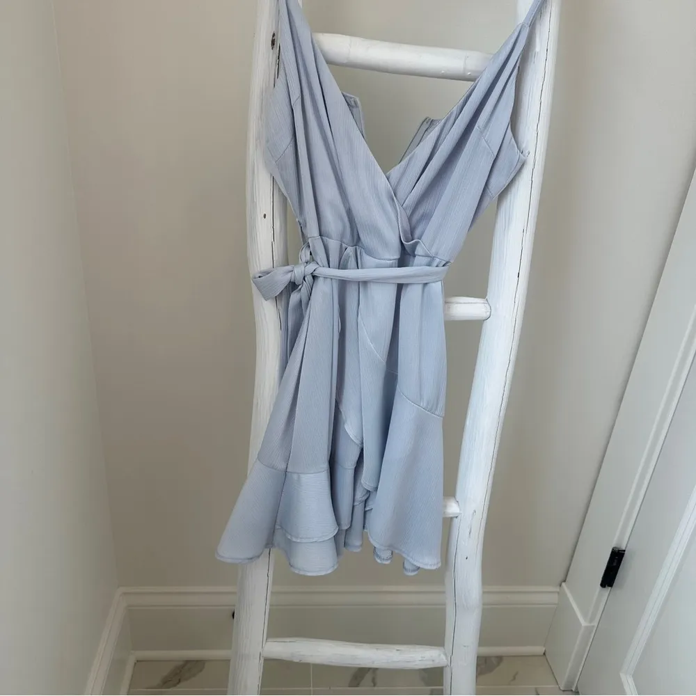 Rumor Light Blue Belted Flared Ruffle Bottom Mini Dress SZ Small - Image 13