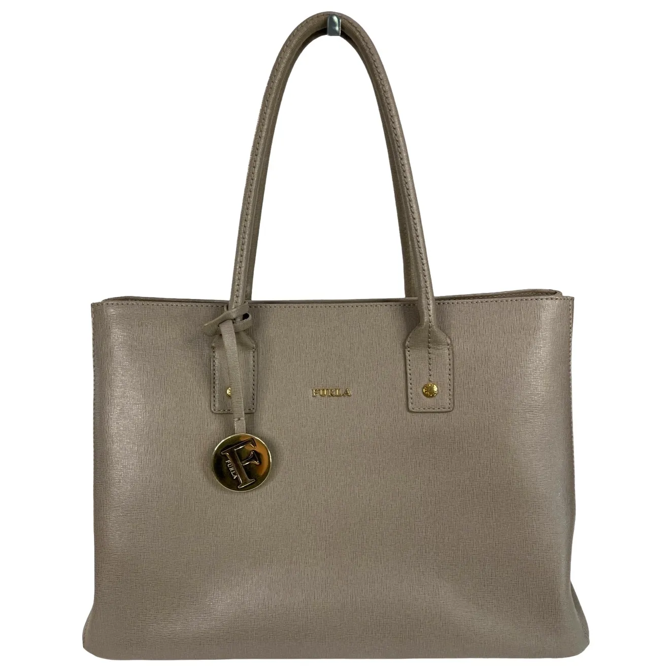 Furla Saffiano Leather Tote Shoulder Bag Gray Taupe Gold Hardware Italy - Image 15