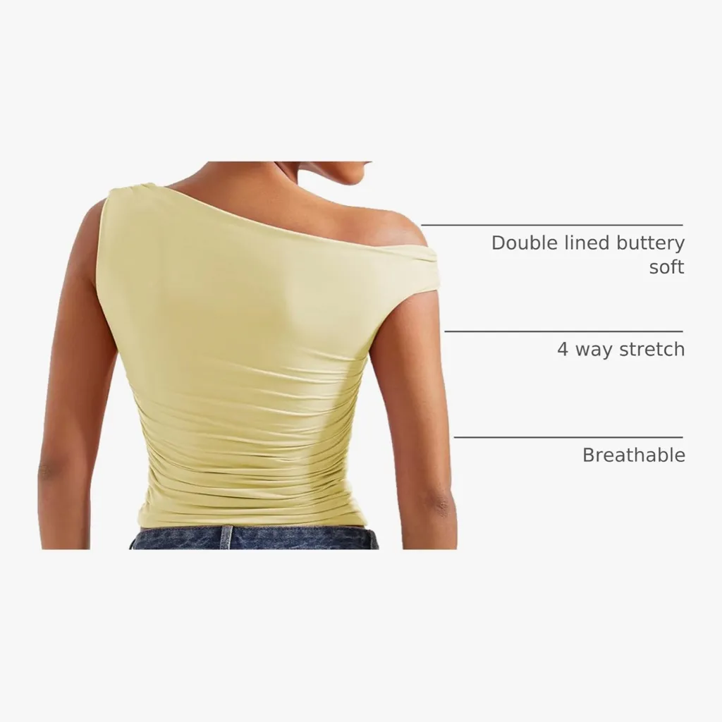 SUUKSESS Ruched Off Shoulder Tops Sleeveless Shirts Y2K Going Out Crop Tank Top Yellow Size M - Image 3