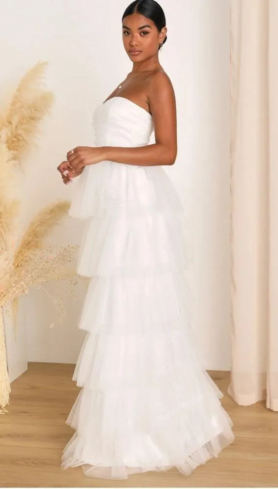 Phenomenal Passion White Tulle Pleated Strapless Maxi Dress Large - Image 2