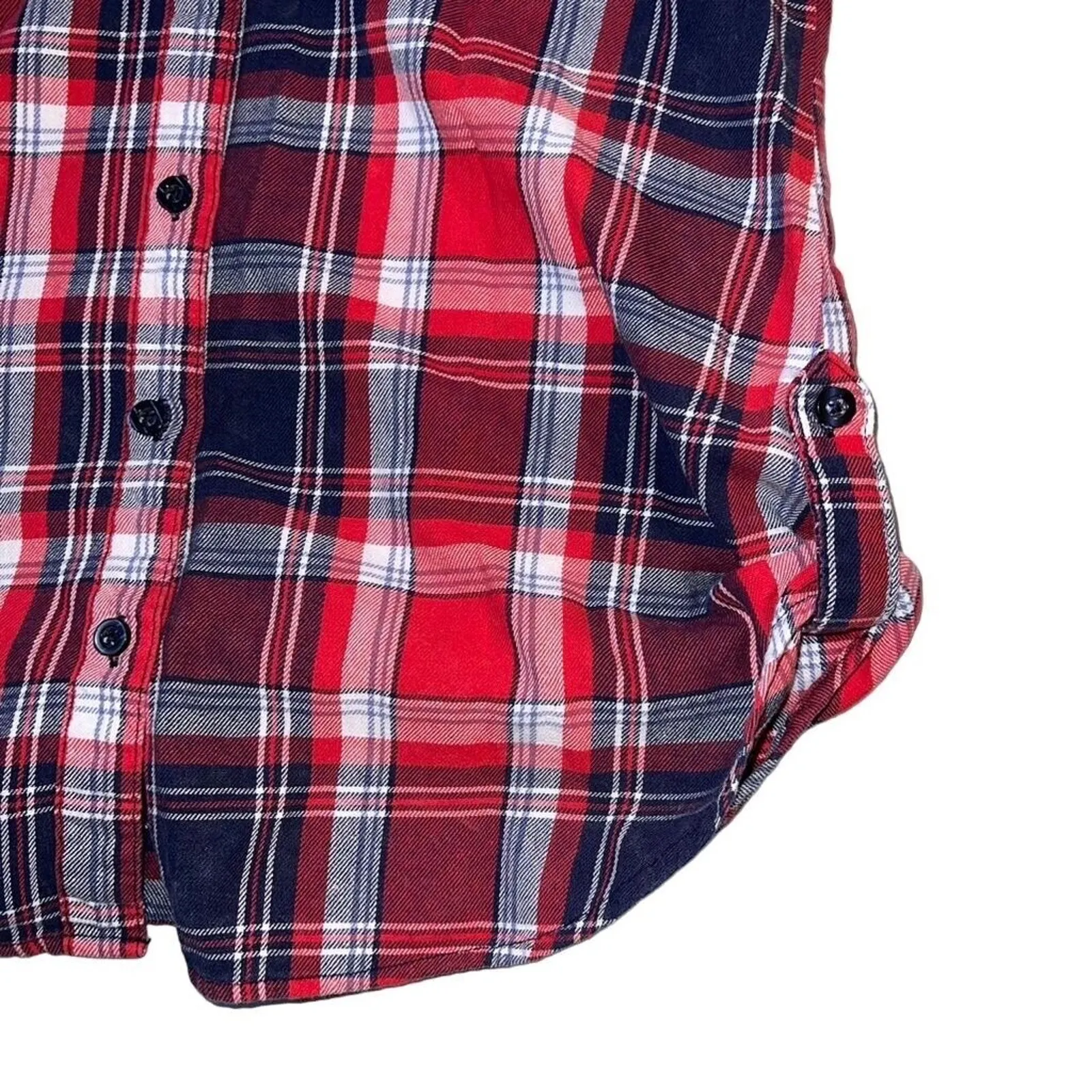 No Boundaries Womens Plaid Flannel Shirt Top Red Navy Blue Collared Long Sleeve - Image 6