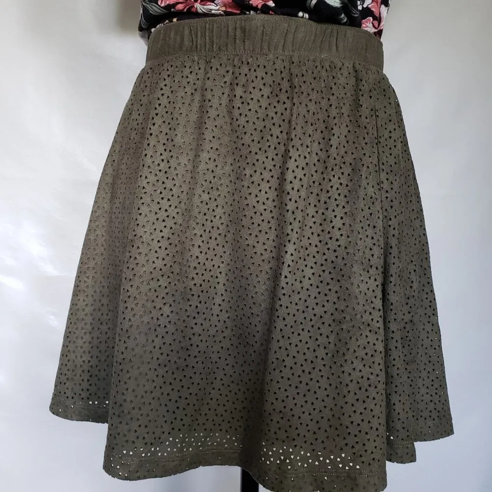 Candie's Womens Skirt Size M Skater Suede-Like Olive Green Cutout Goblincore - Image 3
