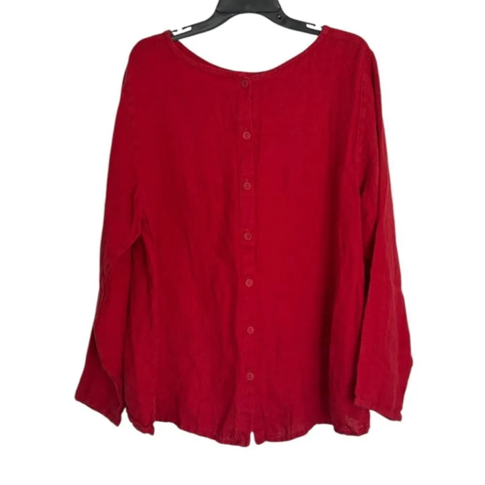 FLAX Red 100% Linen Tunic Top Rear Button Up Size Medium - Image 2