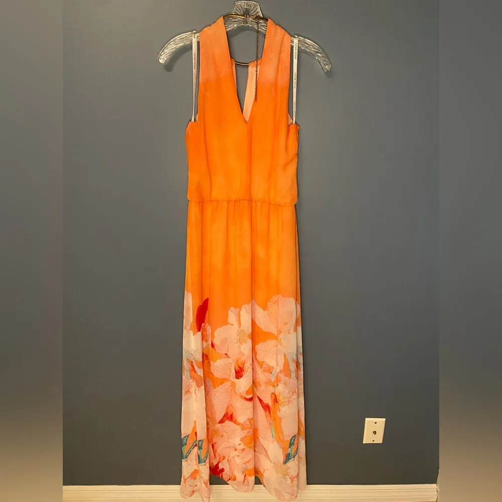 BISOU BISOU MICHELE BOHBOT HALTER KEYHOLE NECKLINE ORANGE FLORAL MAXI DRESS sz 4 - Image 2