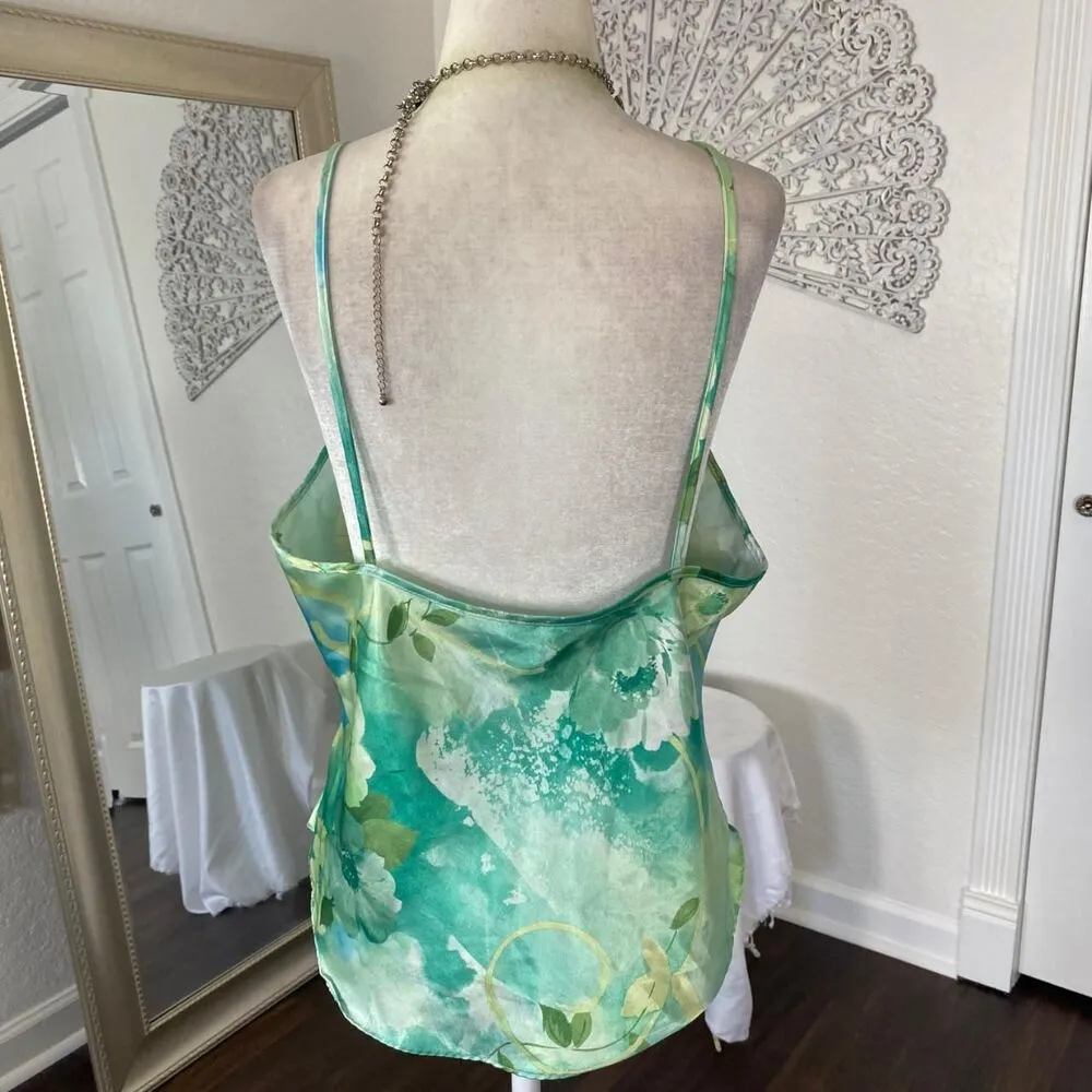 Early 2000’s Slinky Floral Flower Light Green Mint Satin Bow Cami Made in USA L Size L - Image 4