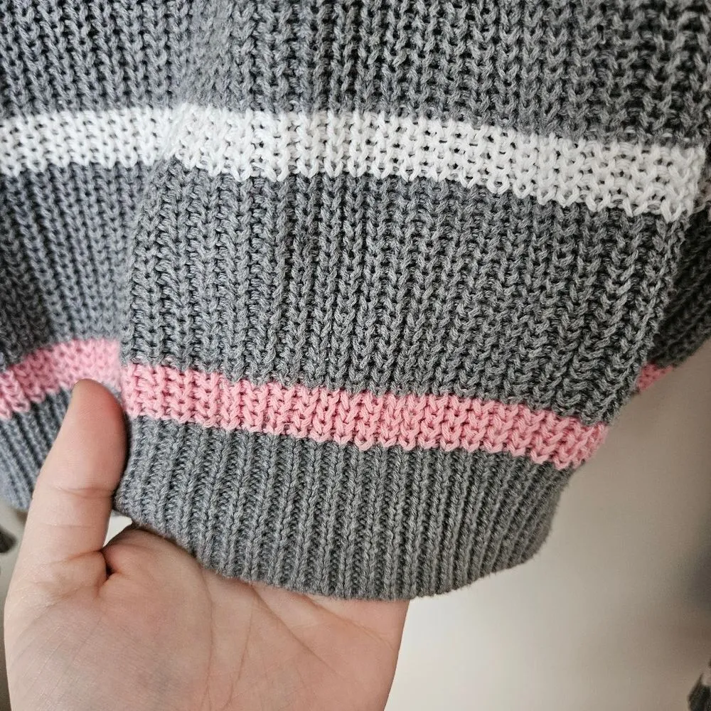 Abound Sweater Crewneck Gray Striped Pink Yellow White Knit Casual - Image 8