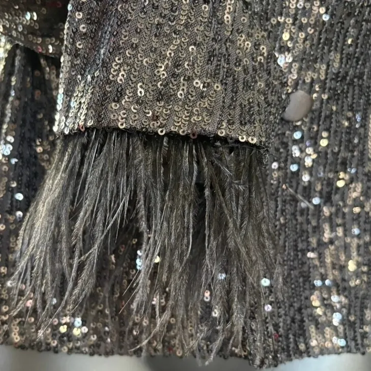 Nanette Lepore Sequin Jacket Sz M Black Ostrich Feather Trim NYE‎ Holiday Party - Image 2