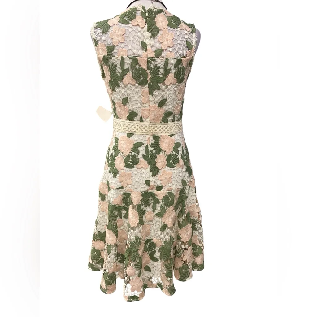 Shoshanna Green and Cream Floral Lace Midi Dress Women's Roseia Cocktail Size 4 - Image 4