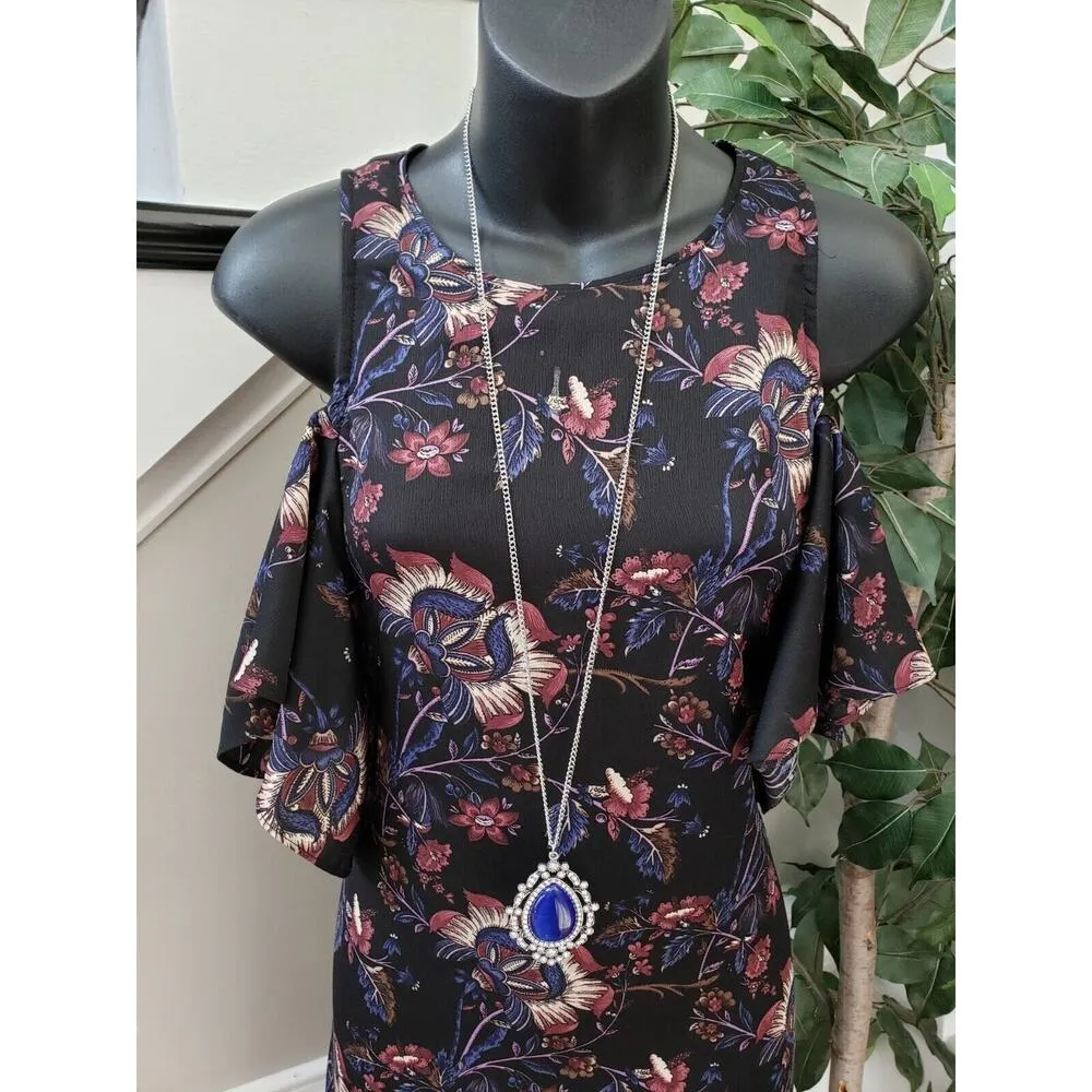 Free Press Women Black Floral Cold Shoulder Sleeve Knee Length A Line Dress XS - Image 2
